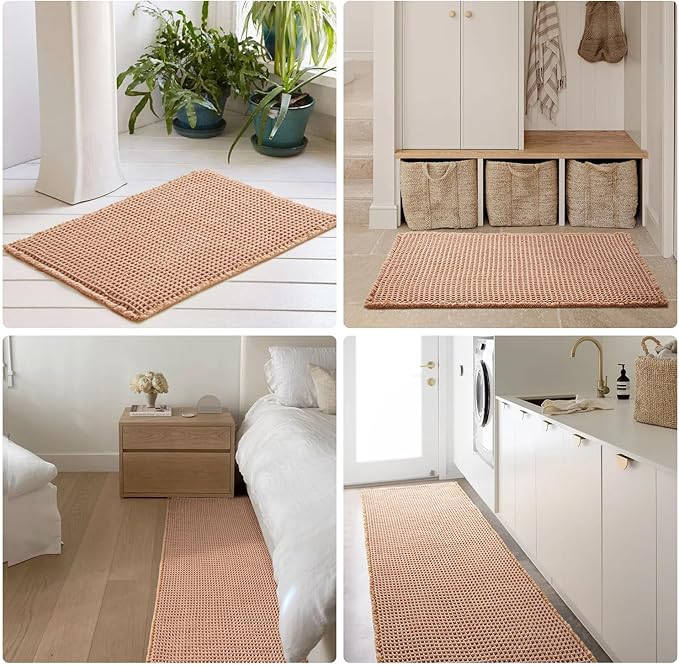 Waffle Bath Mat, Boho Bathroom Rugs Non Slip Washable Super Absorbent Quick Dry Bath Mat Farmhouse Bathroom Decor, 30"x20" Light Peach