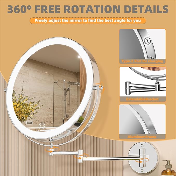 10" Wall Mounted Makeup Mirror with Light, 3000mAh Rechargeable Double Sided 1X / 7X Magnifying Vanity Mirror, 3 Color Lights Touch Dimmable 360° Rotation Bathroom Mirror, Chrome