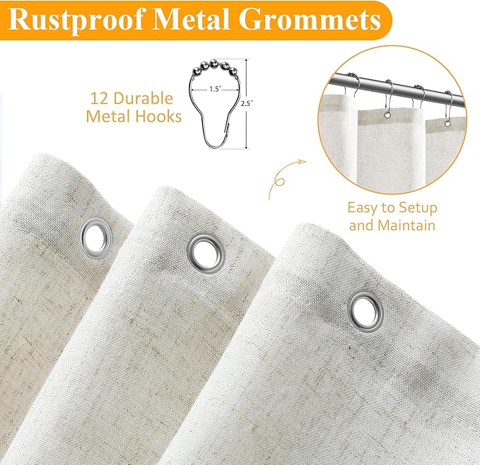 Naturoom Cream Linen Shower Curtain 82 Inch Long Weighted Fabric Bath Shower Curtain Set with Hooks, Simple Elegant Modern Farmhouse Country Beige Curtains for Bathroom, 72x82