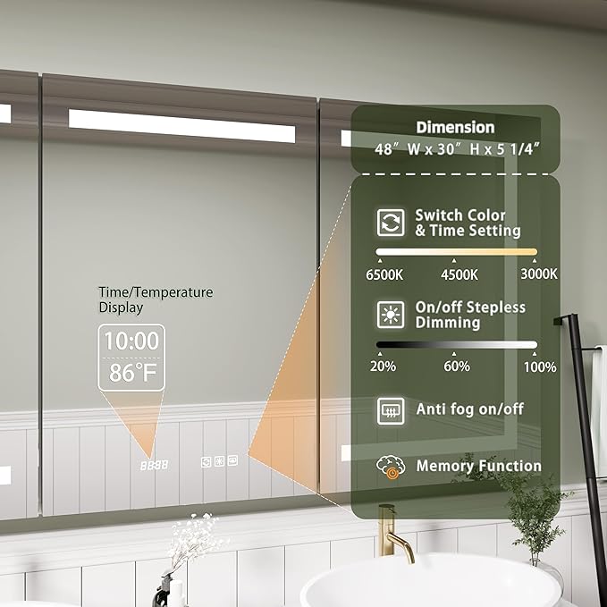 LED Medicine Cabinet Mirror, 48x30 Inch Bathroom Storage, Recessed/Wall Mount, Plug-in/Hardwired, 3 Color Dimmable Light, Anti-Fog, Time Temp Display