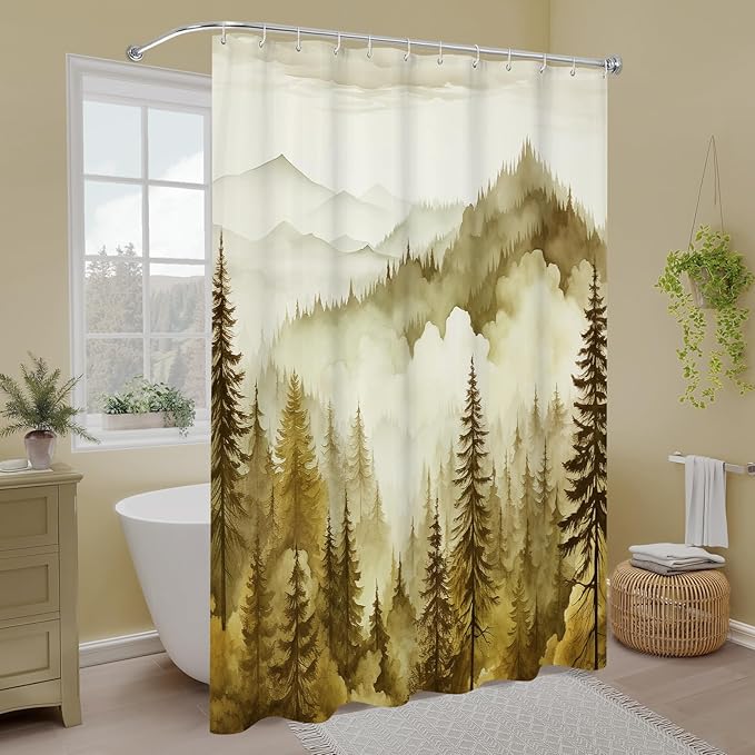 Yellow Extra Long Misty Pine Forest Shower Curtain 72 x 84, XL Mountain Foggy Woodland Scenery Tree Shower Curtains for Bathroom, Abstract Waterproof Nature-Themed Decor