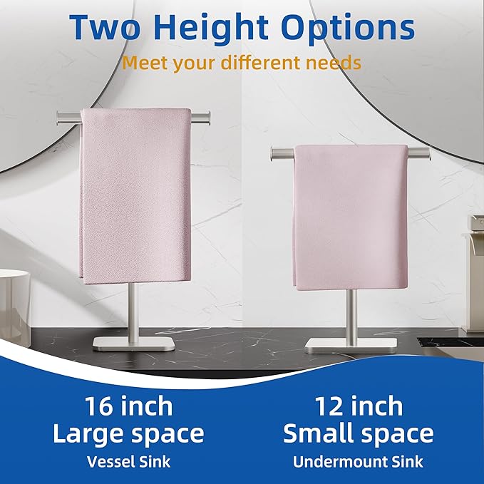 RUACQ Hand Towel Stand, 16" T-Shape Hand Towel Holder Stand for Bathroom, Kitchen and Countertop Towel Holder 304 Stainless Steel Hand Towel Rack with Weighted Base (Brushed Nickel)
