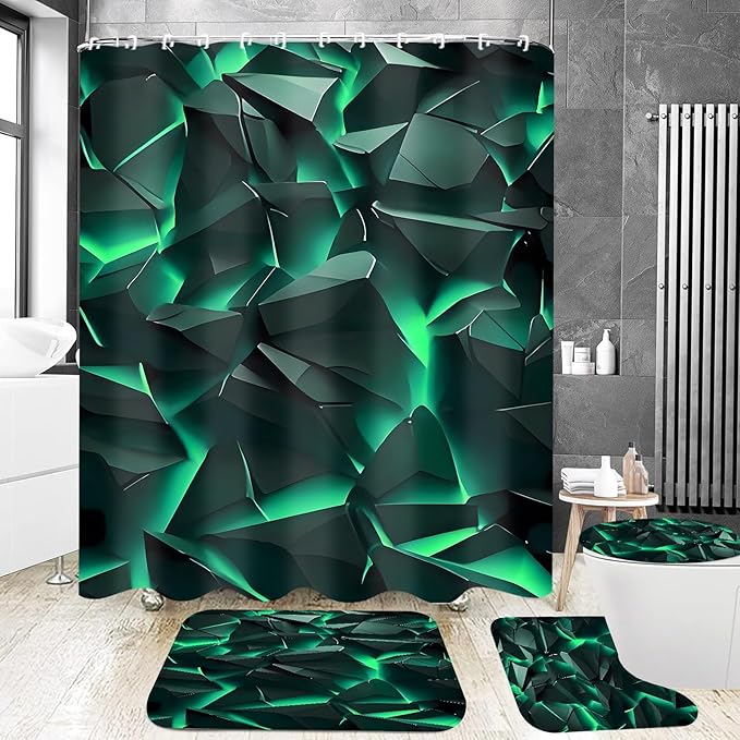 Yizheer 4Pcs Green Geometry Rock Modern Bathroom Shower Curtain Set with 12 Rustproof Hooks Bath Mat Toilet Cover U Shaped Mat- PEVA Material, 72x72 Inches, Bathroom Curtain for Bathtub (Green)