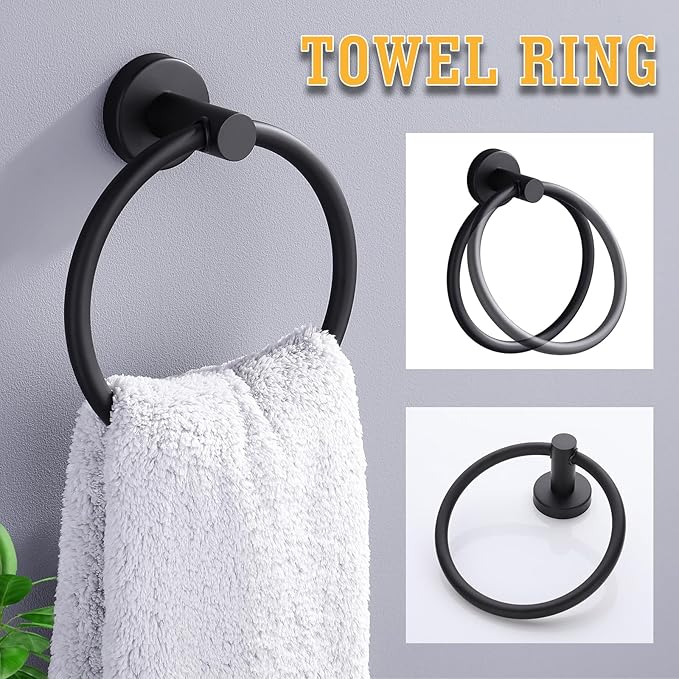 Bathroom Hardware Set 5 Piece, Matte Black Towel Bar Set, 24 Inch 304 Stainless Steel Bathroom Towel Holder Set for Modern Bathroom, Heavy-Duty & Rust-Resistant Bathroom Storage Solution (Matte Black)