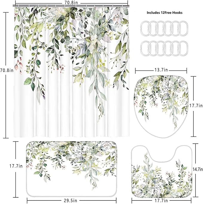 AZHM Sage Green Eucalyptus Plant Shower Curtain Set 4pcs Watercolor Leaves Floral Bathroom Sets with Shower Curtain and Rugs Farmhouse Rustic Bathroom Decor Accessories Set