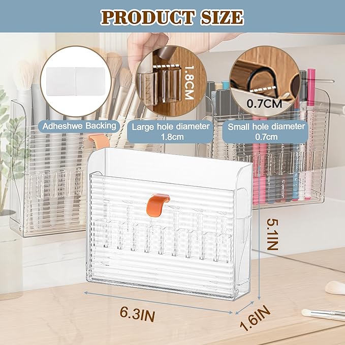 Wall-Mounted Makeup Organizers, 16-Slot Eyeliner Lip Liner Organizer Holder, Open Easy-Access Design, Space-Saving Bathroom Makeup Brush Storage Rack, Transparent Brown