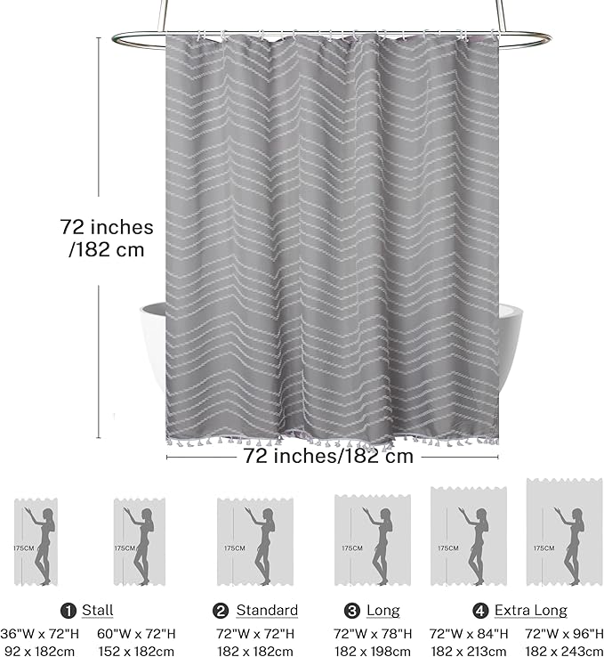 Boho Shower Curtain with Tassel Woven Fabric Grey Shower Curtain 72 x 72 Modern Farmhouse Textured Tufted Chevron Striped Minimalist Bathroom Shower Curtain Set with Hooks