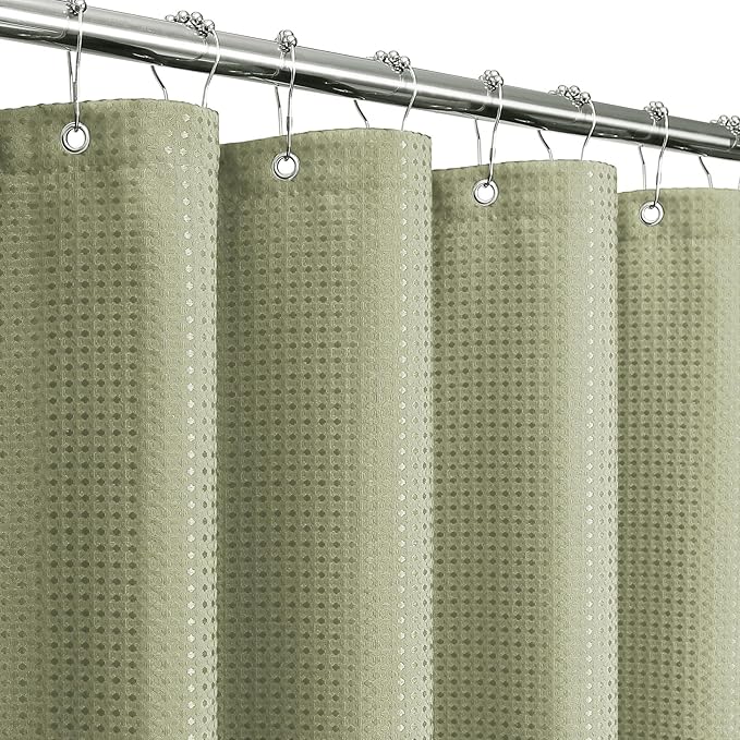 Gibelle Long Shower Curtain 72 x 78, 230GSM Tall Waffle Weave Textured Fabric Shower Curtain for Bathroom, Water Repellent, Machine Washable, Sage Green