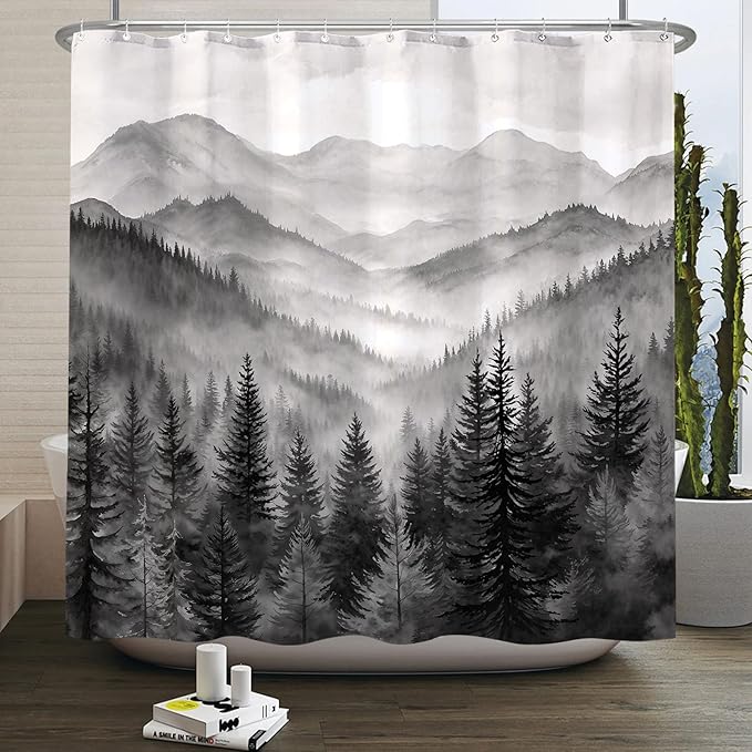 Accnicc Forest Mountain Shower Curtain Black and White Nature Misty Pine Tree Shower Curtains for Bathroom Dark Grey Foggy Rustic Woodland Decorative Waterproof Fabric Bath Curtain Decor 72×78 Inches