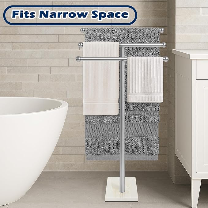 Standing Towel Rack with Marble Base, 3-Tier Free Standing Towel Racks for Bathroom, 40" Height Floor Towel Stand Holder for Bathroom, White