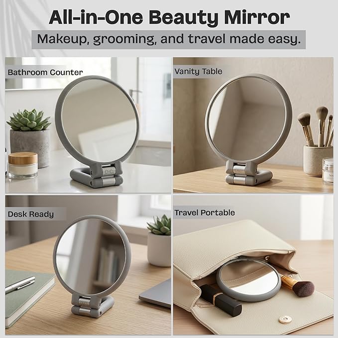 Danielle Magnification Folding Makeup Mirror, Grey, 15X