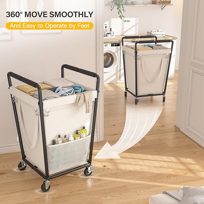 180L Laundry Basket with Wheels & Handles, Laundry Cart with Removable Bag & Metal Frame for Clothes Storage, Hamper with Wheels for Laundry Room, Bathroom, Dorm, Home, Closet (Beige)