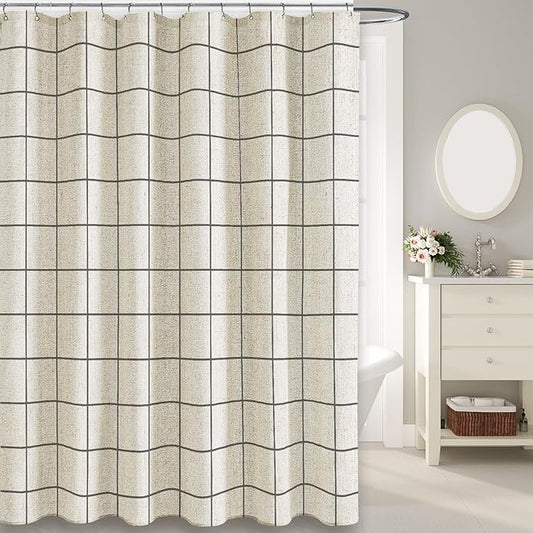 Farmhouse Plaid Shower Curtain Beige Linen Shower Curtains for Bathroom Natural Gray Pattern 72 x 72 Inch