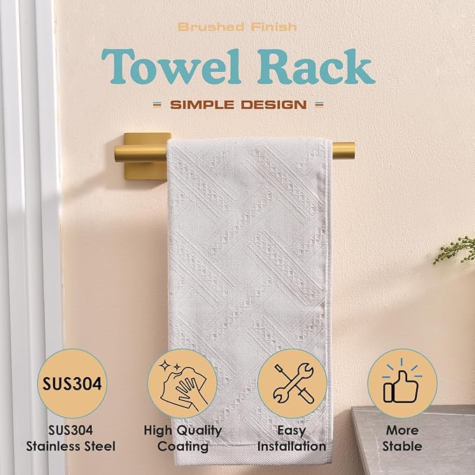 Brushed Gold Hand Towel Holder,Thicken SUS 304 Stainless Steel Towel Bar Towel Ring for Bathroom, Modern Design Hand Towel Rack Towel Hanger Wall Mounted