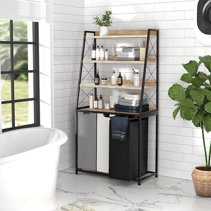 Herture Laundry Basket, 3 Section Laundry Hamper with 4 Tiers Shelf, Pull-Out and Removable Laundry Bags, Large 3 x 15.87 Gallons, for Laundry Room Bathroom Greige PF05XLZ
