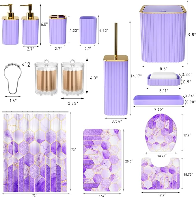 XLHOMO Bathroom Set - 26PC Bathroom Set with Shower Curtain and Rugs, Bathroom Accessory Set, Purple Bathroom Accessories Set, Trash Can & Soap Dispenser