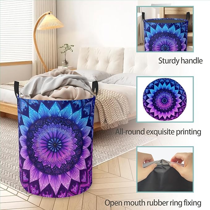 Laundry Hamper Foldable Oxford Cloth Mandala Flower Laundry Basket With Handle Portable Clothes Storage Organizer Basket Storage Bag For Laundry Room/Bedroom/Bathroom
