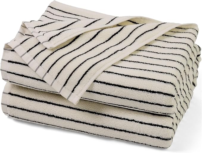 Jacquotha Black and Ivory Striped Bath Towels Set of 2, Lighter & Quick Dry Towels Large 27.5 x 55 inches, Farmhouse for Bathroom, Pool, Shower