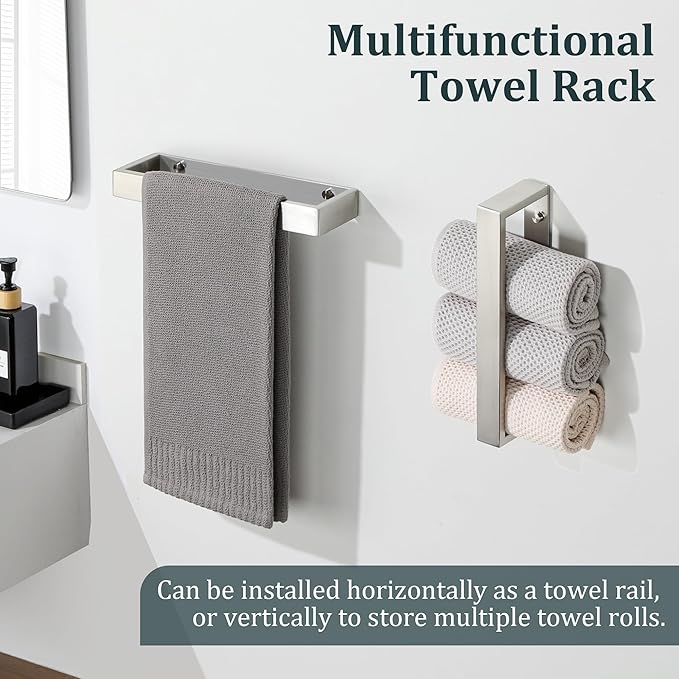 Sayayo Brushed Nickel Towel Bar for Bathroom Wall, 10 Inch Hand Towel Holder, Screw or Self Adhesive Towel Ring Square SUS304 Stainless Steel, 3.2 Inch Wider Design