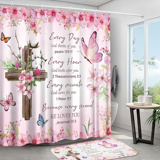 4 Pcs Pink Butterfly Inspirational Quotes Shower Curtain Set with Rugs and Toilet Lid Cover, Christian Cross Bathroom Set Encouraging Bible Verses Floral Bathroom Decor Set Accessories