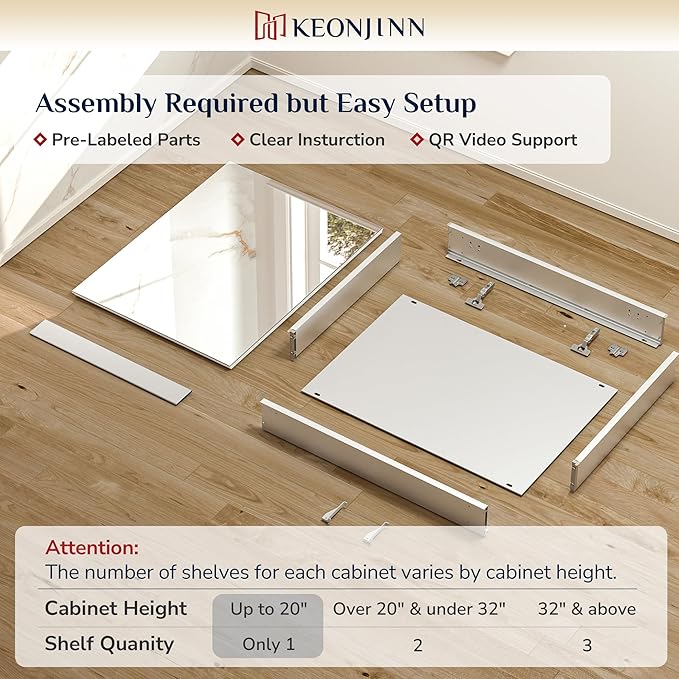 Keonjinn Medicine Cabinet 14 x 18 in, Assembly Required, Bathroom Medicine Cabinets Mirror, Lightweight, One Shelve Only, Surface Mount or Recessed, Tempered Glass