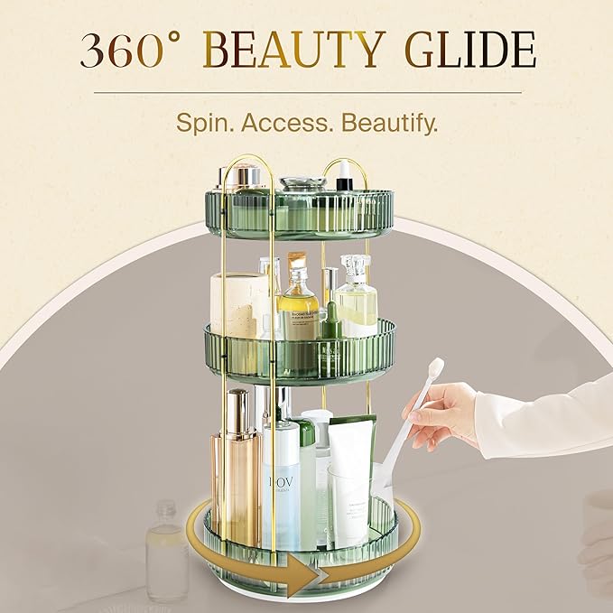 360-Degree Rotating Makeup Organizer, Cosmetic Storage Display Case for Bathroom Vanity Countertop, Skincare and Perfume Storage Organizers, Jewelry Dresser Organizer, 3-Tier, Green