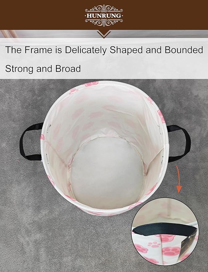 HUNRUNG Laundry Hamper,Large Canvas Fabric Lightweight Storage Basket Toy Organizer Dirty Clothes Collapsible Waterproof for College Dorms???Round-Pink Paw???