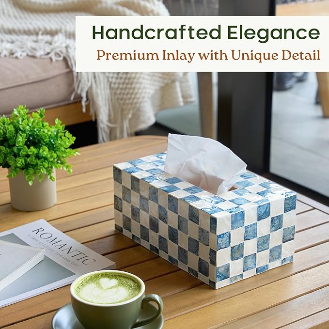 CHI AN HOME Rectangle Checkered Tissue Box Cover Handmade with Capiz Shells, Decorative Tissue Box Holder for Living Room, Bathroom or Kitchen Counter (Navy Blue)