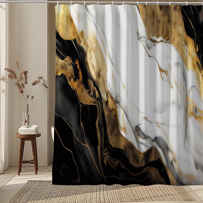 Black Golden Marble Shower Curtain Morden Abstract,Modern Minimalist Simple Neutral Fabric Shower Curtains for Bathroom Decor 72x72 Inch