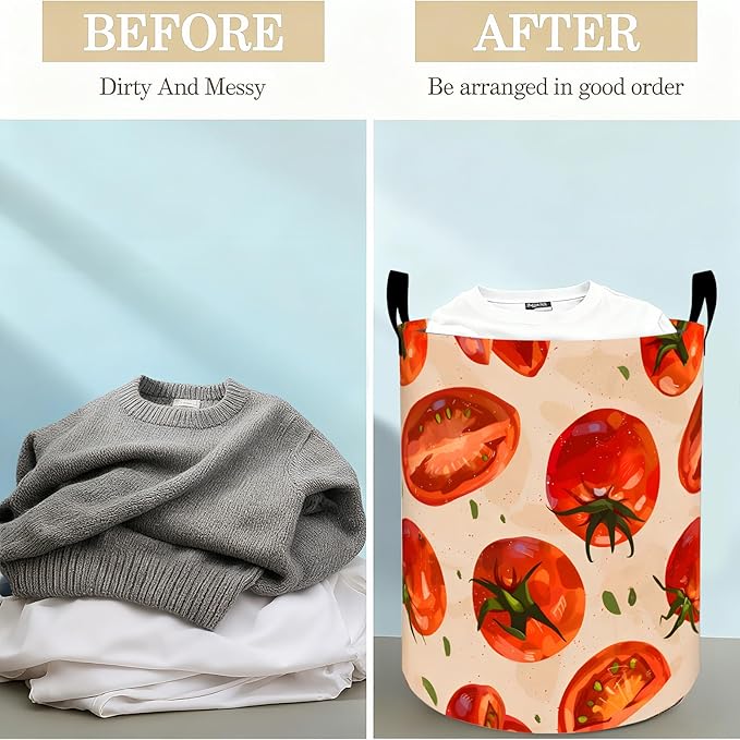 Tomato Pattern Laundry Basket Hamper for Boys Girls Kids Adults, Foldable Waterproof Oxford Clothes Storage Bin, Fresh Food Vegetable Organizer for Bedroom Bathroom Room Decor 19.7"x15.8"