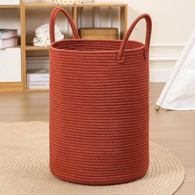 60L Large Woven Laundry Basket Hamper, 100% Natural Cotton Rope, Handwoven & Durable, Storage for Blankets, Toys, Clothes, Decorative Nursery Hamper for Living Room, Baby Room, Bedroom (Terracotta)
