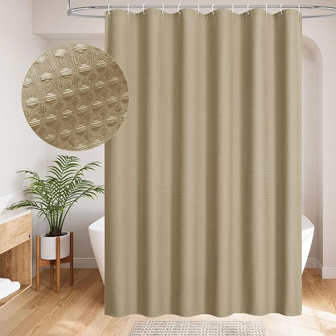MitoVilla Tan Waffle Shower Curtain 72 x 78, Fabric Farmhouse Long Shower Curtain Set, Modern Cloth Shower Curtain for Bathroom Decor, Luxury Hotel Shower Curtains 78 inch Long, Taupe