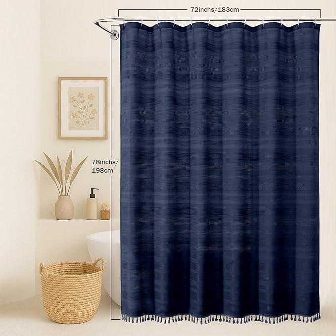 OVZME Navy Blue Shower Curtain 78 Inch Long, Boho Farmhouse Thick Linen Textured Fabric Shower Curtain with Tassel, Minimalist Striped Weighted Machine Washable Bathroom Decor, 72Wx78L Inches