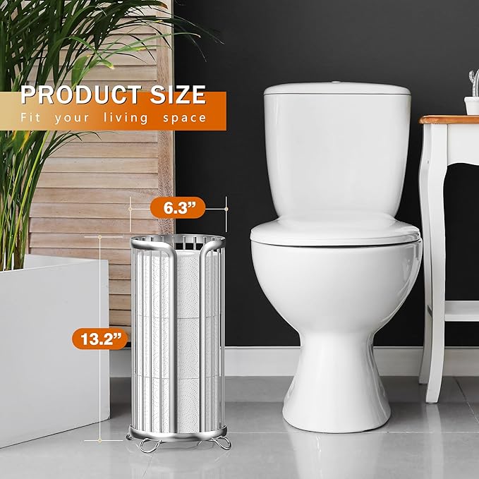 Toilet Paper Holder Stand, Freestanding Toilet Tissue Organizer, Minimalistic Storage Solution, Reserve Mega Rolls-Silver