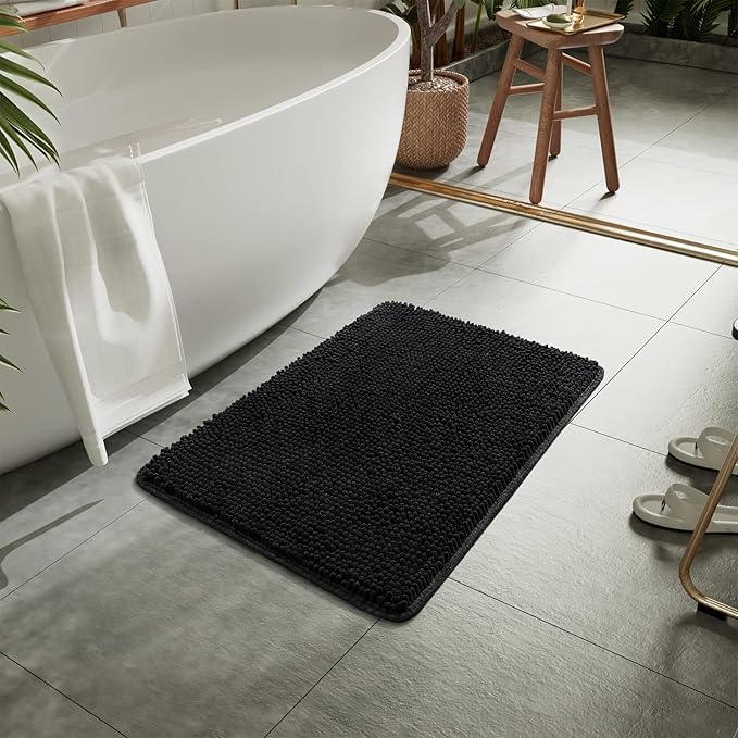 LOCHAS Luxury Bathroom Rug Shaggy Bath Mat 24 x 36 Inch, Washable Non Slip Bath Rugs for Bathroom Shower, Soft Plush Chenille Absorbent Carpets Mats, Black