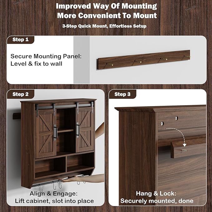 RUSTOWN Farmhouse Bathroom Wall Cabinet,3-Tier Rustic Wood Wall Mounted Cabinets,Vintage Medicine Cabinet with Sliding Barn Door and Adjustable Shelves,Over The Toilet Storage Cabinet (Dark Walnut)