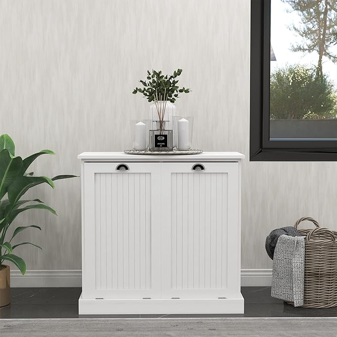 Locsear Tilt Out Laundry Hamper Cabinet with Removable Basket, Double Hidden Laundry Hamper, Wood Bathroom Storage, Free Standing Home Organizer, White