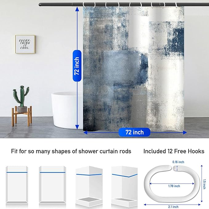 Lnond 4Pcs Grey Bathroom Shower Curtain Sets with Rugs, Blue and Grey Abstract Painting Gray Retro Bathroom Sets with Shower Curtain and Rugs and Accessories
