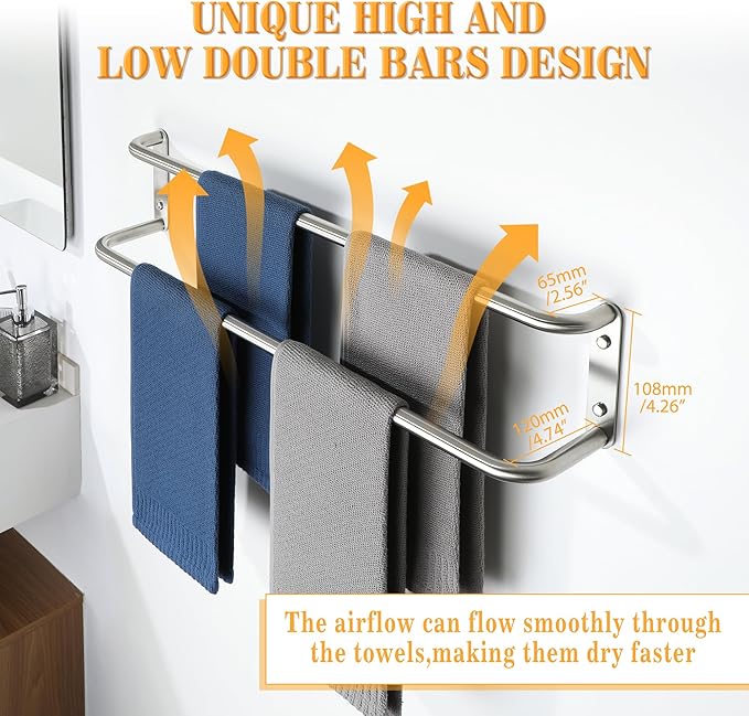Alise Double Towel Bar,28 Inch Towel Racks for Bathroom, SUS304 Stainless Steel Towel Bar for Bathroom Wall,Quick Drying Bathroom Towel Holder Bath Towel Hanger,Brushed Nickel