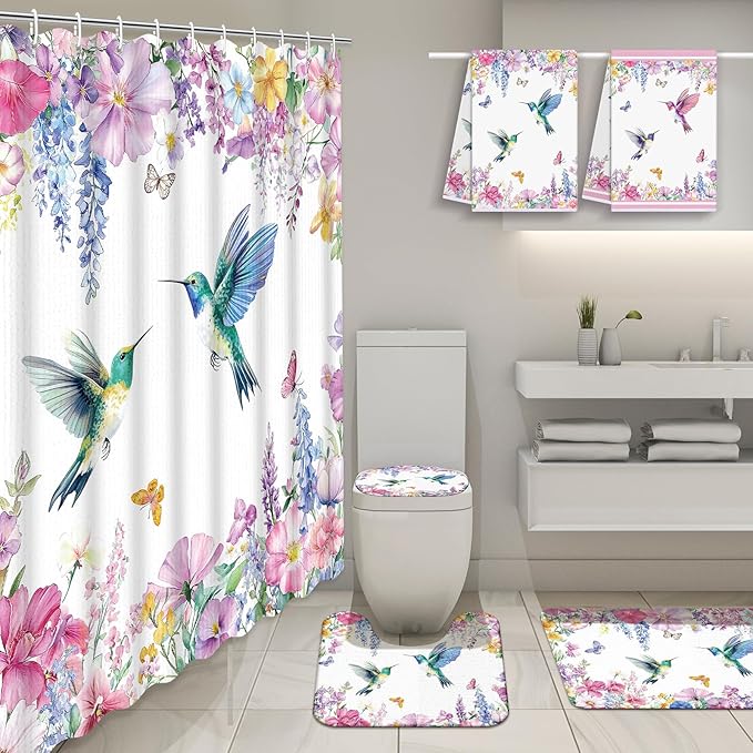 Nuanchu 6 Pcs Spring Shower Curtain Set with Rug Hummingbird Bathroom Sets with Shower Curtain Bath Mat U Shaped Mat Toilet Lid Cover 2 Bath Towels and 12 Hooks Hummingbird Flower Bathroom Decor