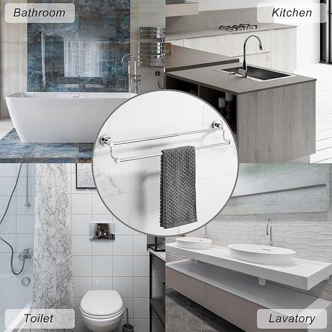 Adjustable Double Towel Racks for Bathroom 15 to 26.5 Inch Towel Bar, Expandable Bright Chrome Double Bath Towel Holder, Wall Mount with Screws Towel Bar Rod