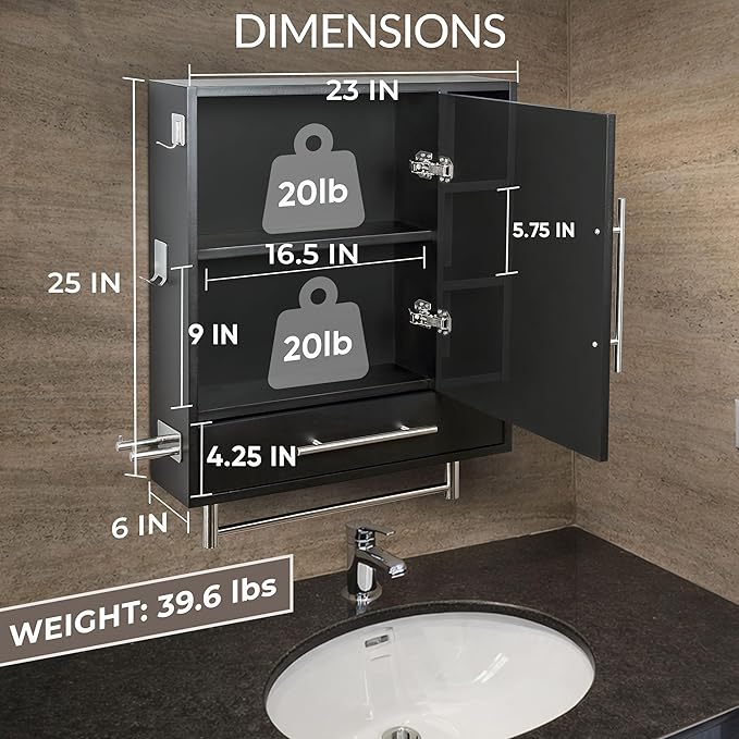 Wall-Mounted Bathroom Cabinet with Mirror - Modern Black Medicine Cabinet with Storage Shelves, Towel Bar & Hooks, Pre-Assembled Design
