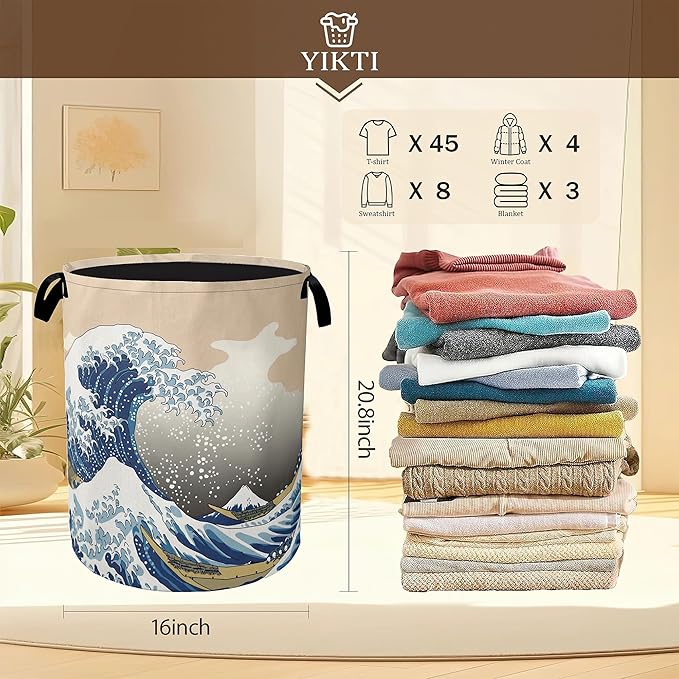 Laundry Hamper,Vintage Sea Wave Laundry Basket,Japanese Portable Collapsible Laundry Room Organization Storage for Dorm Room,Nursery,Bathroom,Bedroom,16x20 Inch
