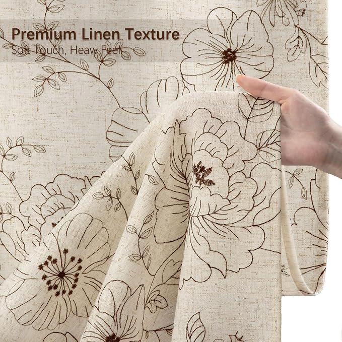 Farmhouse Floral Linen Shower Curtain, Vintage Brown Embroidered Pattern Rustic Shower Curtains for Bathroom, Tan Taupe,72x72