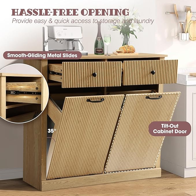 Double Tilt Out Laundry Hamper Cabinet, Modern Fluted Trash Can Cabinets with Drawer, Wooden 22 Gallon Hidden Garbage Cabinet with Storage Baskets for Kitchen Bathroom(Natural Oak, Full)
