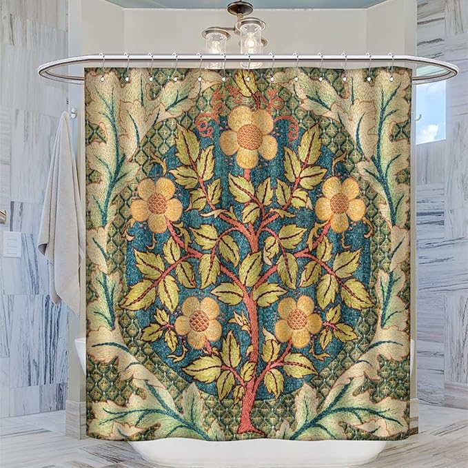 William Morris Botanical Art Shower Curtain,Vintage Famous Floral Shower Curtain Set 72""×84"" Inch, Style-5