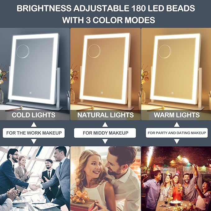 Gvnkvn Lighted Makeup Mirror, Hollywood Vanity Mirror with Lights, Three Color Modes，Detachable 10X Magnification Mirror, Smart Touch Control, 360°Rotation (15.2in)