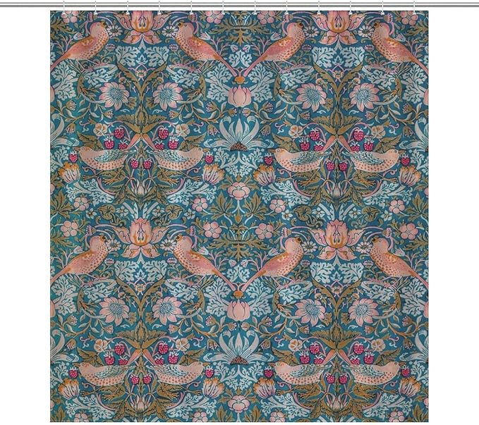 William Morris Shower Curtain,Original Design Vintage Flower Birds Strawberry Thief Pattern Print Shower Curtains Sets Polyester Waterproof Fabric Decor Bathroom Curtain 72"×78" Inch With 12 Hooks