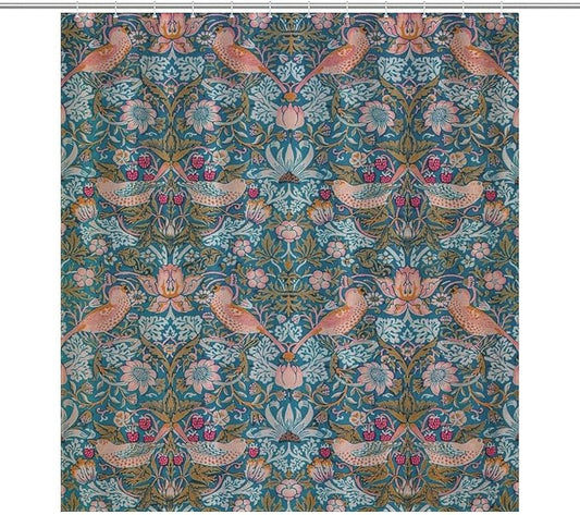 William Morris Shower Curtain,Original Design Vintage Flower Birds Strawberry Thief Pattern Print Shower Curtains Sets Polyester Waterproof Fabric Decor Bathroom Curtain 72"×78" Inch With 12 Hooks