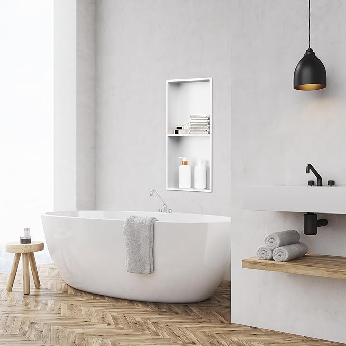 Stainless Steel Shower Niche 24" X 12" No Tile Needed Niche Shower with Two-Tier Recessed Wall Niches Insert for Bathroom Kitchen Storage, White